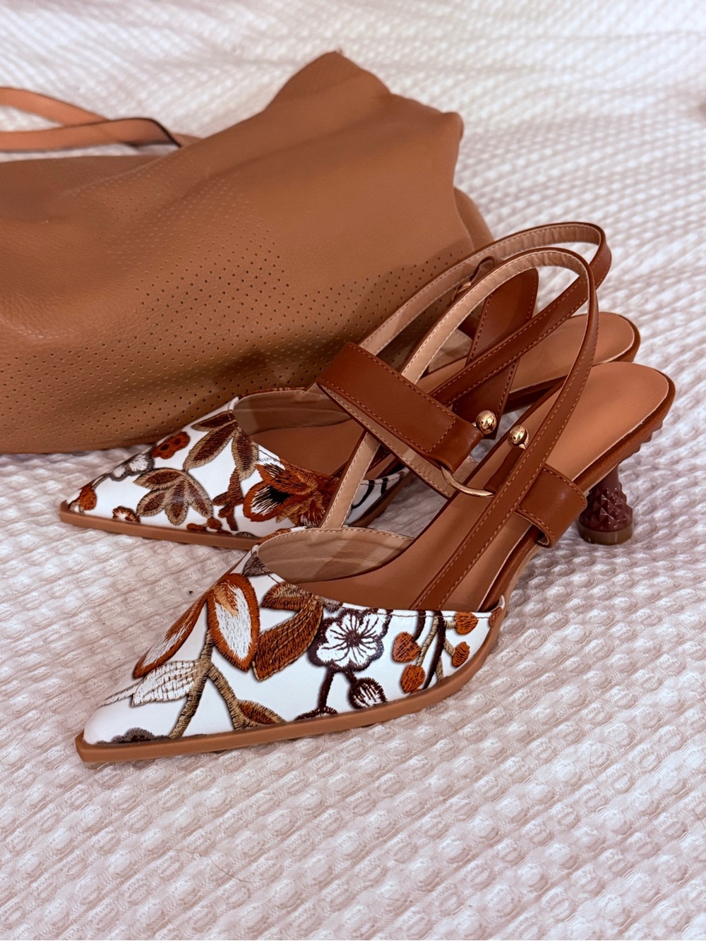 Embroidered White & Brown Floral Slingback Heels